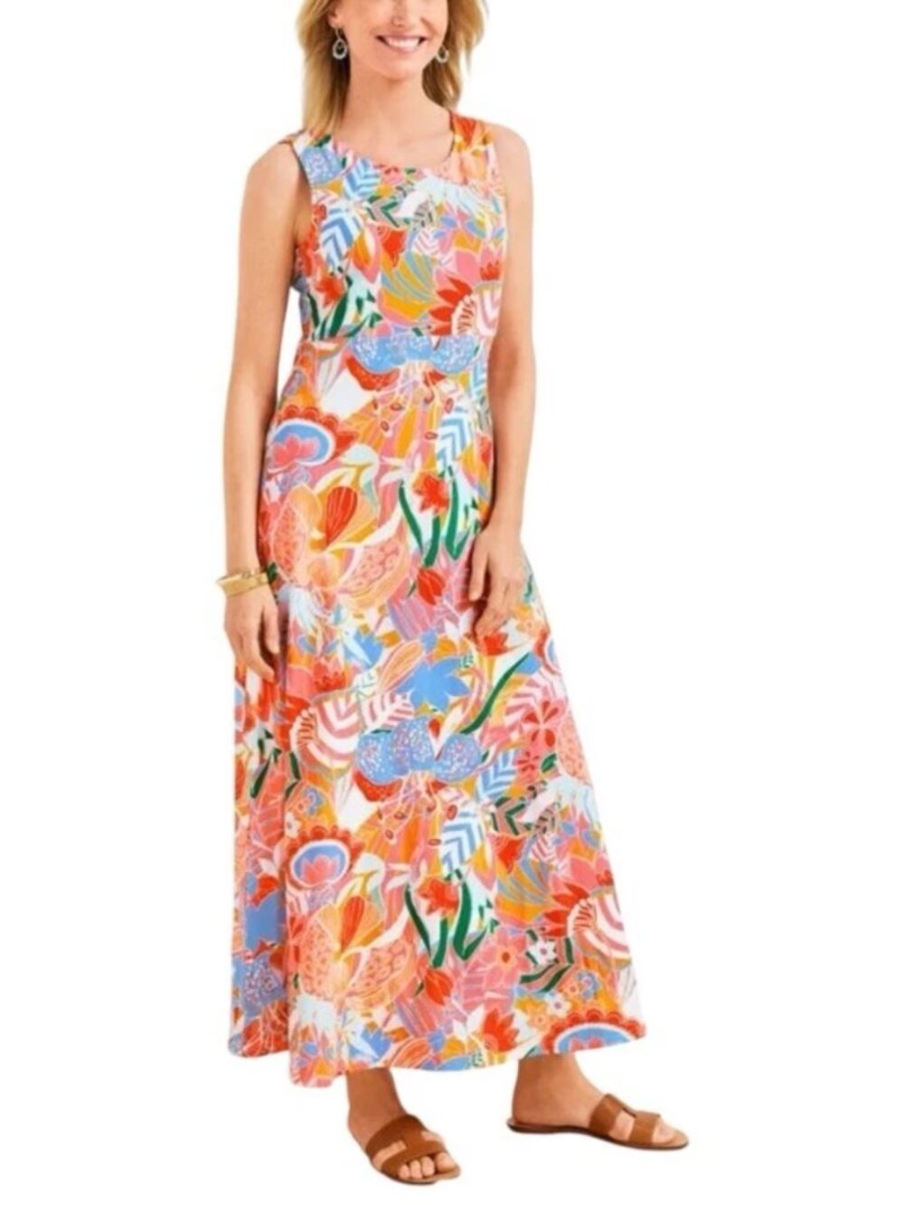 Talbots Petite Colorful Floral Midi Dress Sleeveless Fit & Flare P